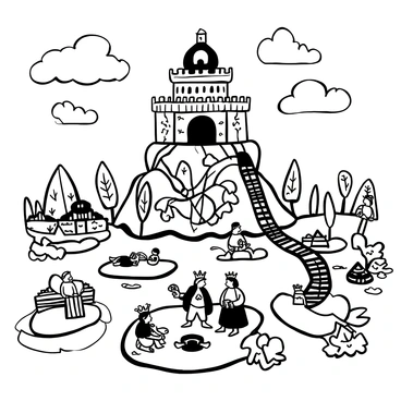 A large, grand castle made of intertwined vines and leaves towers over a landscape filled with various sizes of lily pads. Surrounding the castle, several smaller villages composed of lily pads are visible, each with tiny wooden huts and bridges connecting them. In the foreground, a group of frogs wearing crowns and capes are gathered around a large lily pad, discussing plans. Nearby, a few frogs are engaged in different activities, such as fishing and playing on the pads. The sky above is filled with swirling clouds, adding to the enchanting atmosphere of the kingdom.