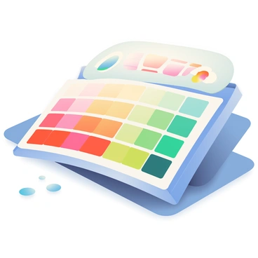A close-up view of Krita's color palette is displayed prominently. The palette features a wide array of colors, showcasing vibrant hues such as bright reds, deep blues, and rich greens, seamlessly blended with softer pastels. Various shades are arranged in organized sections, allowing for easy selection. In the background, there are subtle reflections of these colors on a smooth surface, enhancing the visual impact of the palette. Small droplets of paint are seen around the edges, suggesting recent use.