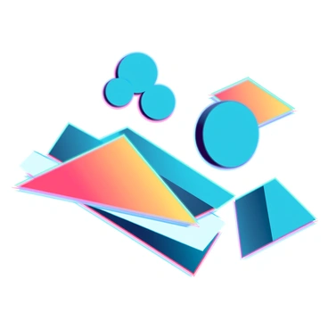 A collection of bold geometric shapes including circles, triangles, and rectangles arranged in a dynamic composition. The shapes are filled with vibrant colors such as electric blue, bright orange, and vivid yellow. Some shapes overlap, creating a sense of depth and movement. The edges of the shapes are sharp and precise, emphasizing their geometric nature. The background is a solid contrasting color to make the shapes stand out more prominently.