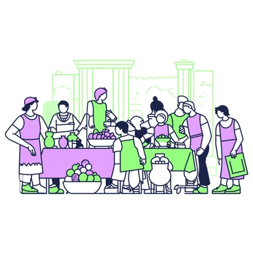 A bustling ancient Greek marketplace filled with activity. On the left, a merchant stands behind a table displaying a variety of pottery, including amphorae and small bowls, all artistically arranged. Next to him, another vendor is selling an array of fruits, with baskets overflowing with grapes, figs, and pomegranates. People are gathered around, examining the goods, while a group of children play nearby. In the background, ancient columns and stone structures are visible, adding to the atmosphere of the busy marketplace. The sky is clear, illuminating the vibrant scene below.