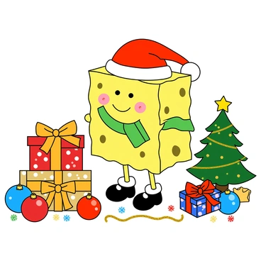 A festive scene of a sponge dressed in holiday attire, surrounded by decorations and gifts.