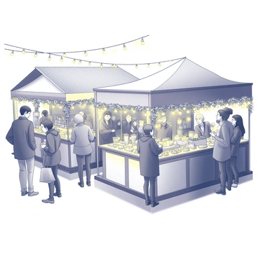 A bustling holiday market filled with various vendor stalls. Each stall is adorned with an array of decorations, including garlands and ornaments. Warm, glowing lights are strung overhead, illuminating the scene. Shoppers of all ages are interacting, some examining festive goods while others are engaged in conversations. There are tables set up with holiday-themed items and treats. The atmosphere is lively, with people carrying bags filled with purchases, suggesting a cheerful and joyful experience.