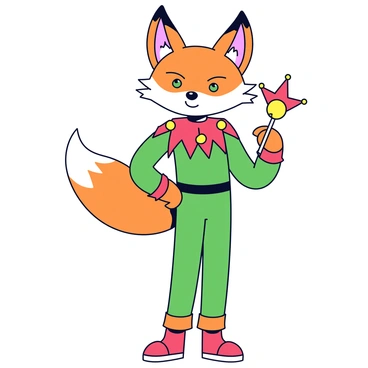 A joker character with the body of a human and the head of a fox. The face has vibrant orange and white fur, with large pointed ears and mischievous green eyes. The joker wears a colorful costume with a jester's collar that has alternating patterns of red and green. The costume is adorned with bells that dangle and jingle as he moves. He stands in a playful pose, one hand on his hip and the other holding a small jester's staff topped with a playful jingle.