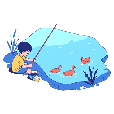 A blue pond reflects the sky above, with gentle ripples on its surface. In the foreground, a child with short brown hair is sitting on the edge of the pond, focused on fishing with a simple wooden rod. The child is wearing a yellow t-shirt and has a small bucket beside them. Nearby, a group of orange ducks are swimming gracefully in the water, their feathers glistening in the sunlight. Some reeds are growing along the pond's edge, adding to the natural setting.