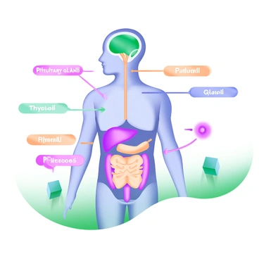 A modern pastel illustration depicting the human hormonal system. The central focus is a large, stylized outline of a human body. Within the body, several key glands are prominently highlighted: the pituitary gland is illustrated at the base of the brain, the thyroid gland is placed in the neck area, the adrenal glands are located above the kidneys, and the pancreas is positioned in the abdominal region. Each gland is represented with distinct colors, accompanied by labeled arrows pointing to each gland, displaying their names in clear, bold lettering. The surrounding areas are filled with gentle pastel shades to enhance the visual clarity of the glands and their locations.