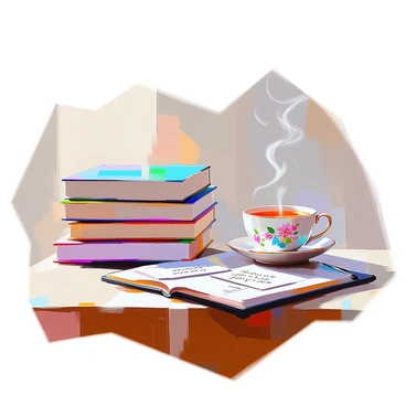 A bureau filled with notebooks, inspirational quotes, and a steaming cup of tea