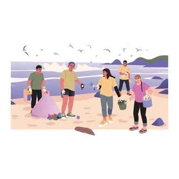 A group of volunteers is cleaning up a beach together. There are four individuals, each wearing bright colored t-shirts and gloves. One volunteer is picking up trash with a grabber tool, while another is filling a large trash bag. A third volunteer is carrying a bucket filled with collected debris, and the fourth is taking a break, holding a water bottle. In the background, waves are crashing against the shore, creating white foam. Seagulls are flying overhead, with some perched on nearby rocks. The sand is a light beige, and there are scattered pieces of driftwood along the beach.