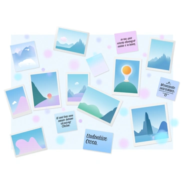 A wall is covered with a collage of pinned photos, sketches, and inspirational quotes in an artist's studio. Various images depict landscapes, portraits, and abstract designs, all arranged in an aesthetically pleasing manner. Hand-drawn sketches of different subjects are scattered among the pinned items, showcasing the artist's creativity. Inspirational quotes are printed on colorful paper and pinned near the top, adding a motivational touch to the collection. The background of the wall is a textured canvas color, enhancing the artistic atmosphere of the studio.