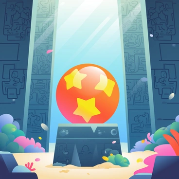 A glowing orange dragon ball with four stars is resting on a stone pedestal inside a submerged temple ruin. The temple walls are covered in intricate carvings depicting ancient symbols and mythical creatures, some partially obscured by marine life. Sunlight filters through the water above, casting shimmering reflections on the stone surfaces. Surrounding the pedestal, colorful coral and small fish create a vibrant underwater scene, while some sand drifts gently across the temple floor. The atmosphere is filled with a sense of mystery and history.