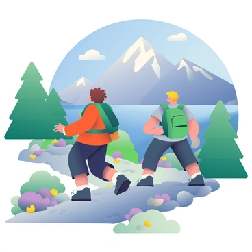 A group of hikers is ascending a rugged mountain trail. The first hiker, a woman with curly brown hair wearing a bright orange jacket and black hiking pants, is leading the way. Behind her, a man with a green backpack and a grey t-shirt follows closely, looking up at the stunning mountain landscape. 

The trail is rocky and dirt, winding through patches of wildflowers in various colors, including purple and yellow. In the background, tall, majestic mountains rise under a clear blue sky, with the sun casting soft shadows on the rocky surfaces. 

The hikers are surrounded by lush green trees on either side of the path, and in the distance, a serene lake can be seen nestled among the mountains. A few fluffy white clouds drift lazily above, adding to the picturesque scene.