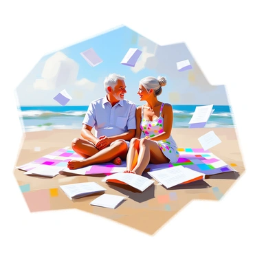 An elderly couple sitting comfortably on a sandy beach, enjoying the warm sunlight. The man has gray hair and is wearing a light blue shirt with beige shorts, while the woman has white hair tied back in a bun, dressed in a floral sundress. They are smiling at each other as they relax on a large, colorful beach towel. Surrounding them are several life insurance papers caught in the gentle breeze, some partially buried in the sand, while others are fluttering above and around the couple. The sky is clear, and the waves can be seen in the background gently lapping at the shore.