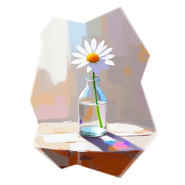 A single white daisy with a bright yellow center is presented in a small glass bottle. The bottle is clear, showcasing the water inside, and it has a slightly curved shape. The daisy stands tall, its petals opening wide, creating a striking contrast against the smooth glass. The bottle is placed on a rustic wooden table, with visible grain patterns and a weathered texture that adds warmth to the scene. Soft natural light spills over the arrangement, casting gentle shadows on the surface below.