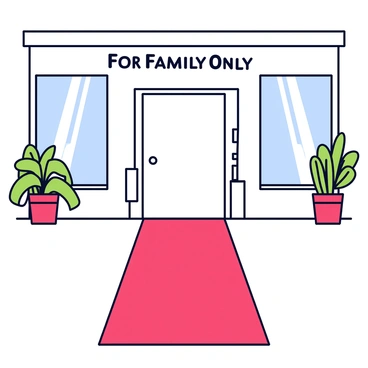 A red carpet extends from the entrance of the office, creating a clear path. The carpet is plush and well-defined, contrasting against the office floor. Above the entrance, there is a sign that reads "For Family Only" in bold, clear letters. The office has large windows that allow light to stream in, and the walls are painted in a soft, neutral color. There are a few plants placed strategically around the office, adding a touch of greenery.