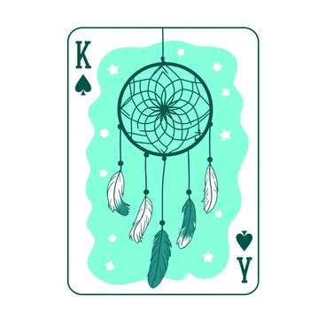 An illustrated playing card features a large dreamcatcher at its center, intricately woven with teal threads. The dreamcatcher is adorned with several white feathers that dangle gracefully from its bottom, each feather accentuated with fine details. Surrounding the dreamcatcher, there are small white stars scattered across the card's background, adding a whimsical touch to the composition. The card itself has a bold border that complements the overall design.