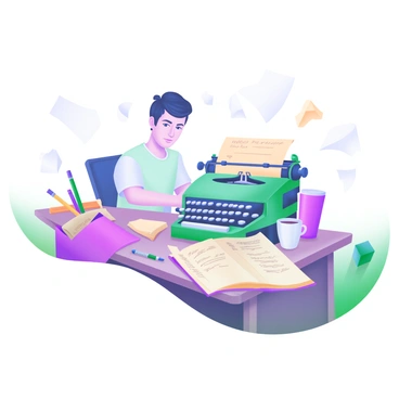 A modern pastel illustration of a writer sitting at a cluttered wooden desk. The desk is covered with crumpled pieces of paper scattered around, alongside an old-fashioned typewriter with a sheet of paper partially inserted. An open notebook filled with scribbles lies beside the typewriter. Several colorful pens and a coffee mug are placed on the desk, adding to the chaotic yet creative atmosphere. The writer appears focused, with a determined expression, amid the creative mess.
