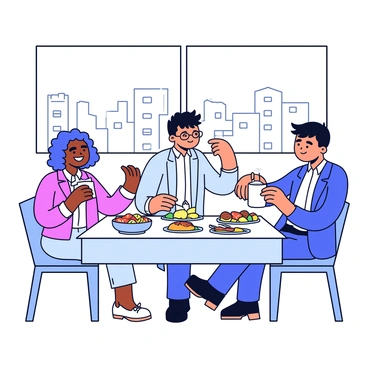 A group of three colleagues sitting at an office cafeteria table. The table is filled with a variety of dishes, including a bowl of salad, a platter of sandwiches, and a steaming dish of pasta. One colleague, a woman with curly hair, is smiling and holding a fork. Another colleague, a man with glasses, is pouring a drink from a pitcher. The third colleague, a person with straight hair, is reaching for a sandwich. The surrounding area has simple chairs and a window with a view of the office buildings outside.