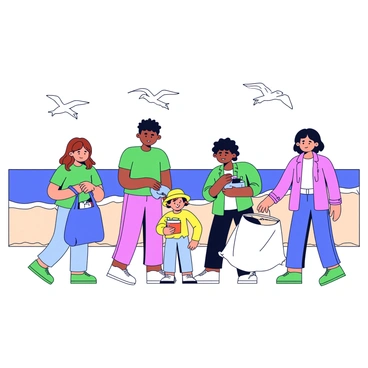 A group of five people is cleaning up a beach. There is a woman with long brown hair wearing a green t-shirt, collecting plastic bottles in a bright blue bag. Next to her, a man with short black hair is picking up trash with a pair of gloves, while a child in a yellow hat is holding a small bucket filled with sand and litter. Another woman with curly hair is shoveling waste into a large bag. In the background, gentle waves lap at the shore, and a few seagulls are flying overhead.