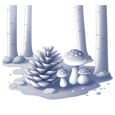 A pine cone resting on the forest floor. Next to it, there is a cluster of mushrooms with distinct shapes and sizes, each featuring unique patterns and textures on their caps. Surrounding the pine cone and mushrooms, there are patches of moss and scattered fallen leaves, creating a natural woodland environment. Tall trees, with their bark visible, frame the scene, casting dappled shadows on the ground. The forest atmosphere is enhanced by the intricate details of the foliage and the earthy ground covering.