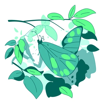 A teal butterfly is emerging from a delicate white cocoon that is suspended from a slender branch. The wings of the butterfly are still crumpled and wet, capturing the light as they begin to open. The surrounding leaves are lush and green, providing a vibrant backdrop to the scene. Soft rays of sunlight filter through the foliage, creating a gentle glow around the butterfly. The transformation is evident as the butterfly stretches its wings, ready to take its first flight into the world.
