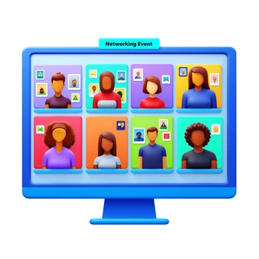 A virtual networking event featuring illustration students and industry professionals. The scene includes multiple video call windows showing diverse participants engaging in conversation. Each participant is depicted with their unique artwork displayed in the background, showcasing various illustration styles. The interface of the video call displays "Networking Event" at the top, with chat bubbles visible, indicating active discussions. Bright and inviting colors create a dynamic atmosphere, emphasizing the collaborative spirit of the event.