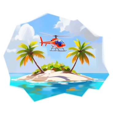 An RC helicopter is flying gracefully between small tropical islands. The helicopter has a bright red body with white accents and is hovering just above the sparkling turquoise waters. Palm trees with green fronds line the sandy shores of the islands, and the sky above is a clear blue, dotted with a few fluffy white clouds. The helicopter casts a small shadow on the water as it maneuvers effortlessly, with waves gently lapping against the shores of the islands.