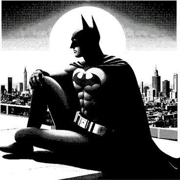 Batman is sitting quietly on a rooftop, facing forward. He is wearing his iconic dark suit and cape, with a detailed cowl that partially obscures his face. The city skyline is visible in the background, showcasing tall buildings and a vast horizon. Batman's posture is relaxed, with one knee raised and his arms resting on it as he gazes into the distance. The moonlight casts shadows across his form, emphasizing the contours of his muscular build.