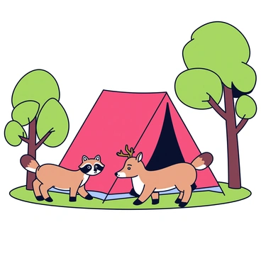 A tent with a classic triangular shape, made of bright red fabric. The tent is pitched on a patch of green grass surrounded by tall trees with lush green leaves. A curious raccoon with black markings around its eyes is standing on its hind legs, peeking into the tent. Nearby, a deer with big brown eyes and a gentle demeanor is cautiously approaching the tent, its ears perked up. Sunlight filters through the tree branches, casting soft shadows on the ground around them.