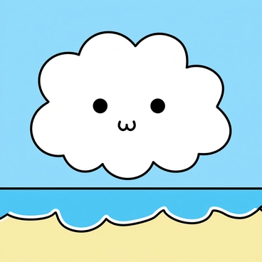 A collection of fluffy white clouds arranged to depict the shape of a face, with distinct features such as eyes, a nose, and a mouth. The background shows a serene beach scene with golden sand and gentle waves lapping at the shore. The sky is a bright blue, providing contrast to the clouds. The face appears to gaze down towards the beach, creating a whimsical interaction between the sky and the shoreline.