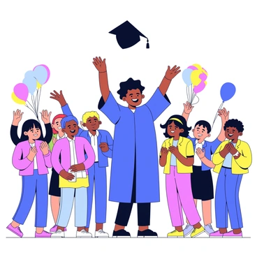 A high school graduate wearing a blue graduation gown and a black cap is tossing their cap into the air. The graduate has a big smile on their face, with short black hair visible under the cap. Surrounding them is a diverse crowd of classmates and family members who are clapping and cheering. Some individuals are holding colorful balloons and flowers, while others are waving their hands in excitement. The scene is set outdoors, with a clear blue sky above.