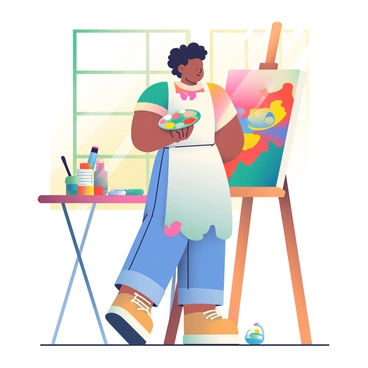 An artist with medium brown skin and short black hair is standing in a sunlit studio, intensely focused on painting a vibrant canvas. The artist is wearing a white apron over a colorful t-shirt, and there are splashes of paint on both the apron and their jeans. In their right hand, they hold a palette filled with various bright colors. Nearby, an easel supports the canvas, which is bursting with vivid hues of red, blue, and yellow. Sunlight streams in through large windows, casting warm light across the wooden floor and illuminating a variety of paintbrushes and tubes scattered on a nearby table.