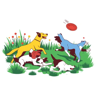 A group of energetic ranch dogs are playing and running through the fields. The dogs are various breeds, including a yellow Labrador, a blue heeler, and a white border collie. They are leaping and bounding over tall green grass, their fur glistening in the sunlight. One dog is playfully chasing after a bright red frisbee that flies through the air. Another dog is playfully wrestling with a third, rolling on the ground. In the background, there are patches of wildflowers, adding splashes of color to the vibrant scene.