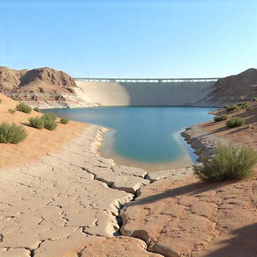 A wide view of Lake Mead showing its significantly lowered water levels, revealing dry, cracked earth along the shoreline. The lake's surface is visibly receding, with patches of exposed rock and sand. In the background, the Hoover Dam stands prominently, its massive concrete structure contrasting with the dry landscape. The sky is clear and blue, emphasizing the arid conditions surrounding the area. Scattered vegetation along the edges of the lake shows signs of stress from the lack of water.