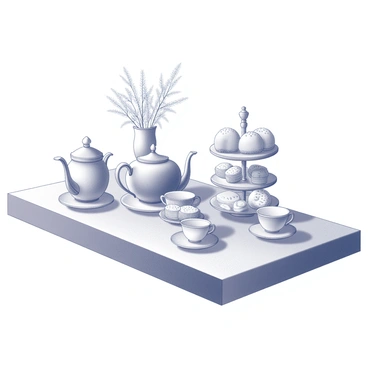 An elegant tea time setting on a neatly arranged table. In the center, there is a finely crafted teapot with a graceful spout and ornate handle. Surrounding the teapot are several delicate cups, each featuring intricate patterns and slender handles. A variety of assorted pastries are displayed on a tiered stand, showcasing an array of shapes and textures. The setting is enhanced by a crisp linen tablecloth, and a small vase with fresh flowers sits at one end of the table, adding a touch of sophistication.