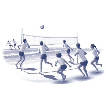 A group of friends gathered at the beach, engaging in a lively game of volleyball. Several individuals are positioned on the sand, focused on the ball, with one person leaping in the air to make a play. In the background, others are running towards the water, splashing as they interact with the waves. The sunshade provides a backdrop with shadows cast on the sand, creating a dynamic and energetic atmosphere. The scene captures movement and interaction among the friends as they enjoy their day by the ocean.