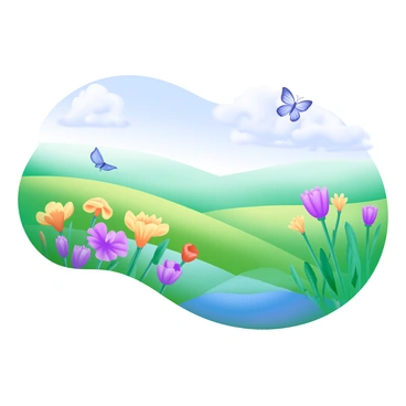 A vast grassland filled with diverse wildflowers in various colors, including yellow, purple, and red. The grass is tall and sways gently in a soft breeze. A few fluffy clouds drift across a clear blue sky, and the sunlight creates a warm glow over the landscape. In the distance, there are gently rolling hills, adding depth to the scenery. A butterfly flutters above the flowers, and a small stream meanders through the grassland, reflecting the vibrant colors of the wildflowers around it.
