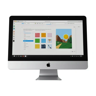 A computer screen displaying an online tutorial video. The video features a user-friendly interface with vibrant graphics illustrating step-by-step digital illustration techniques. On the screen, there are various tool icons visible, including a brush tool, color palette, and layers panel. The background of the screen shows a digital canvas with a partially completed illustration of a colorful landscape. The workspace has a sleek design, and there are subtle reflections on the screen surface, enhancing the realism of the setup.