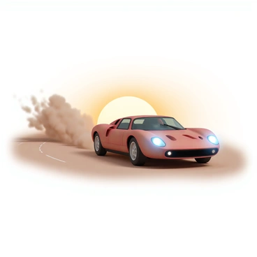 A red sports car, sleek and aerodynamic, is speeding forward on a winding dirt road. The car's headlights are on, illuminating the path ahead as it moves swiftly. A trail of dust is being kicked up behind it, swirling in the air and creating a hazy cloud. The sun is setting in the background, casting a warm golden light over the scene.