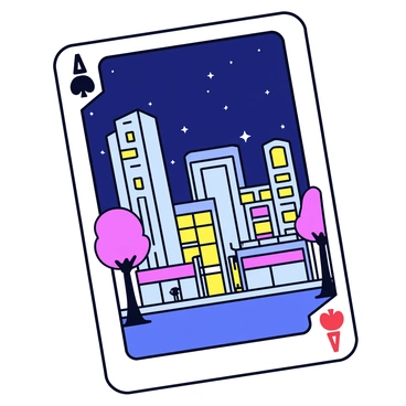 A playing card featuring a vibrant cityscape. The card showcases tall, modern skyscrapers with glass facades reflecting lights. In the foreground, there are silhouettes of trees and streetlamps. The nightlife is depicted with brightly lit signs and windows from various shops and restaurants. The sky is a deep navy blue with scattered stars, adding to the lively atmosphere.