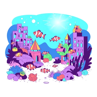A vibrant underwater cityscape is filled with various coral structures and colorful aquatic flora. Brightly colored buildings made from coral and sea glass rise from the sandy ocean floor. Schools of clownfish swim through the water, some wearing tiny vibrant backpacks as they navigate their way around the city. Bubbles rise around the fish, creating a sense of movement and activity. Sunlight filters down through the water, illuminating the scene with a soft glow.
