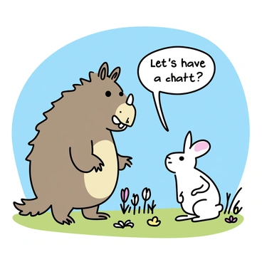 A large Gruffalo with brown fur and prominent tusks is standing in a green field. He is looking down at a small, curious rabbit with soft, white fur and long ears. The rabbit is sitting on its haunches, gazing up at the Gruffalo with an inquisitive expression. Surrounding them are patches of colorful wildflowers and blades of grass swaying gently in the breeze. The sky is clear and blue, creating a lively atmosphere. "Let's have a chat," says the Gruffalo, while the rabbit listens intently.