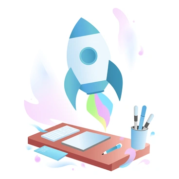 A paper rocket made from folded paper clips is positioned on a wooden desktop, tilted slightly upward as if preparing to take off. The rocket features sharp, angular folds and a pointed tip, showcasing the intricate design of the paper clips. Below the rocket, a trail of colorful paper flames is depicted, extending from the base and emphasizing the dynamic motion of the launch. Scattered around the desktop are various stationery items, such as pens and notebooks, adding context to the scene. The background consists of a soft gradient of pastel colors, enhancing the atmosphere of the moment.