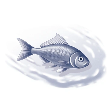 A single fish swimming gracefully in clear water. The fish has intricate patterns and features, with fins elegantly extended as it moves through the water. The background consists of gentle ripples and light reflections on the surface, enhancing the sense of fluidity and motion in the scene.