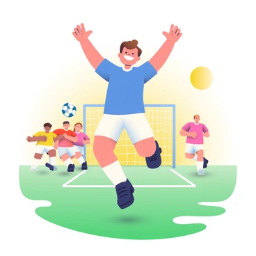 A young soccer player with short brown hair and a bright smile is joyfully celebrating their first goal on a green soccer field. They are wearing a blue jersey, white shorts, and black cleats. The player is jumping into the air with both arms raised, showcasing their excitement. In the background, several teammates are running towards them with smiles, and the goalpost can be seen behind the player with a soccer ball resting in the net. The sun is shining brightly, casting a warm glow over the scene.