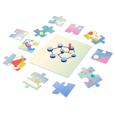 A collection of colorful puzzle pieces is scattered on a white surface. Each piece has distinct patterns and colors, with some pieces featuring numbers, symbols, and graphs representing different data points. In the center, the pieces are coming together to form a cohesive image of a data visualization. The completed image displays a network of interconnected nodes, symbolizing a KNN (K-nearest neighbors) model. Each puzzle piece fits snugly against its neighbors, illustrating the concept of data integration and analysis. The background is plain to keep the focus on the vibrant puzzle pieces and the emerging picture.