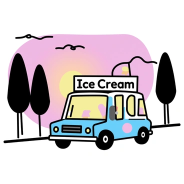An ice cream van, painted in bright colors with images of ice cream cones and popsicles, is driving down a narrow street. The van has a large sign on top displaying "Ice Cream" in bold letters. In the background, the sky is filled with vibrant shades of orange, pink, and purple as the sun sets, casting a warm glow on the surroundings. Silhouettes of tall trees line the street, and a few clouds are scattered across the sky, reflecting the sunset colors.