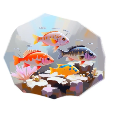 An illustration featuring a variety of grouper species each displayed in a naturalistic arrangement. The groupers include a red grouper with vibrant red and orange spots, a black grouper with dark brown scales and lighter spots, and a yellowfin grouper showcasing bright yellow and blue patterns. Each species is labeled with clear, legible text, allowing for easy identification. The background consists of a subtle underwater setting with hints of coral formations and marine plant life, enhancing the visual context of the groupers.