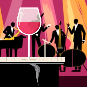 A wine glass filled with deep red wine sits elegantly on top of a polished black piano. The glass reflects light from the nearby stage, showcasing its curved shape and delicate stem. In the background, a jazz band performs with a saxophonist energetically playing, a double bassist plucking the strings, and a drummer keeping a steady beat. The musicians are dressed in classic suits, and the scene captures the lively atmosphere of a jazz club with soft lighting and silhouettes of people enjoying the music.