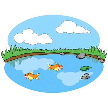 A tranquil pond with clear water, reflecting a bright blue sky dotted with fluffy white clouds. The surface of the pond is smooth, creating a perfect mirror-like effect. Just beneath the surface, colorful fish can be seen swimming gracefully, their scales shimmering in shades of orange, yellow, and silver. The edges of the pond are lined with lush green grass and a few small stones. A couple of lily pads float serenely on the water's surface, adding to the peaceful scene.