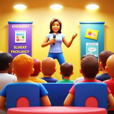 A speaker standing on a stage at a community center, engaging a diverse group of teenagers who are seated in front of them. The speaker is holding a microphone and has an enthusiastic expression, dressed in casual yet stylish clothing. The audience consists of boys and girls of various ethnic backgrounds, attentively listening and displaying expressions of interest and motivation. In the background, colorful banners and posters promoting community events add to the lively atmosphere. Bright overhead lights illuminate the scene, highlighting the connection between the speaker and the audience.