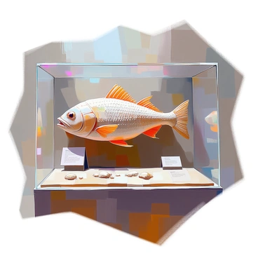 An ancient fossil display featuring a perfectly preserved fish from prehistoric times. The fish is encased in a glass display case, showcasing its detailed structure with scales, fins, and eyes, all intact. The fossil is set against a dark background that highlights its intricate features. Surrounding the display are small informational plaques that describe the species and its habitat. Soft lighting illuminates the fossil, casting gentle shadows that enhance its three-dimensional appearance. The overall setting evokes a sense of wonder about the ancient world.